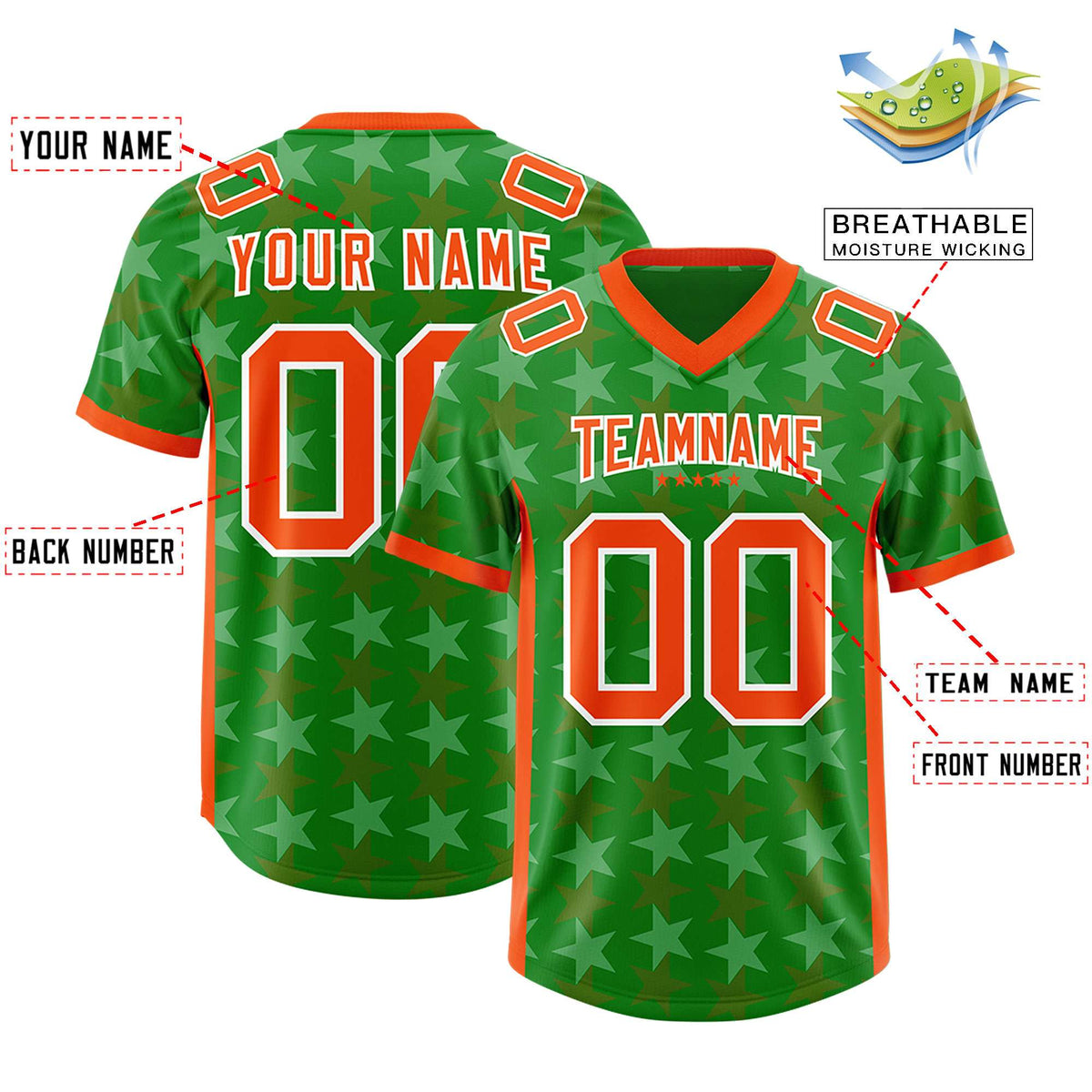 Custom Kelly Green Orange Personalized All Star Graffiti Pattern Authentic American Football Jersey