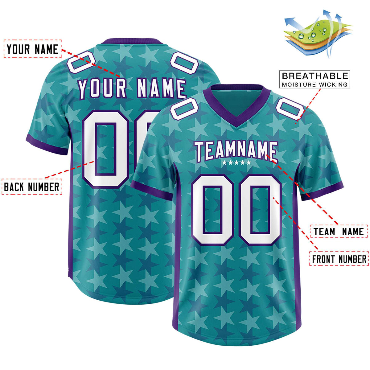 Custom Aqua Purple Personalized All Star Graffiti Pattern Authentic American Football Jersey