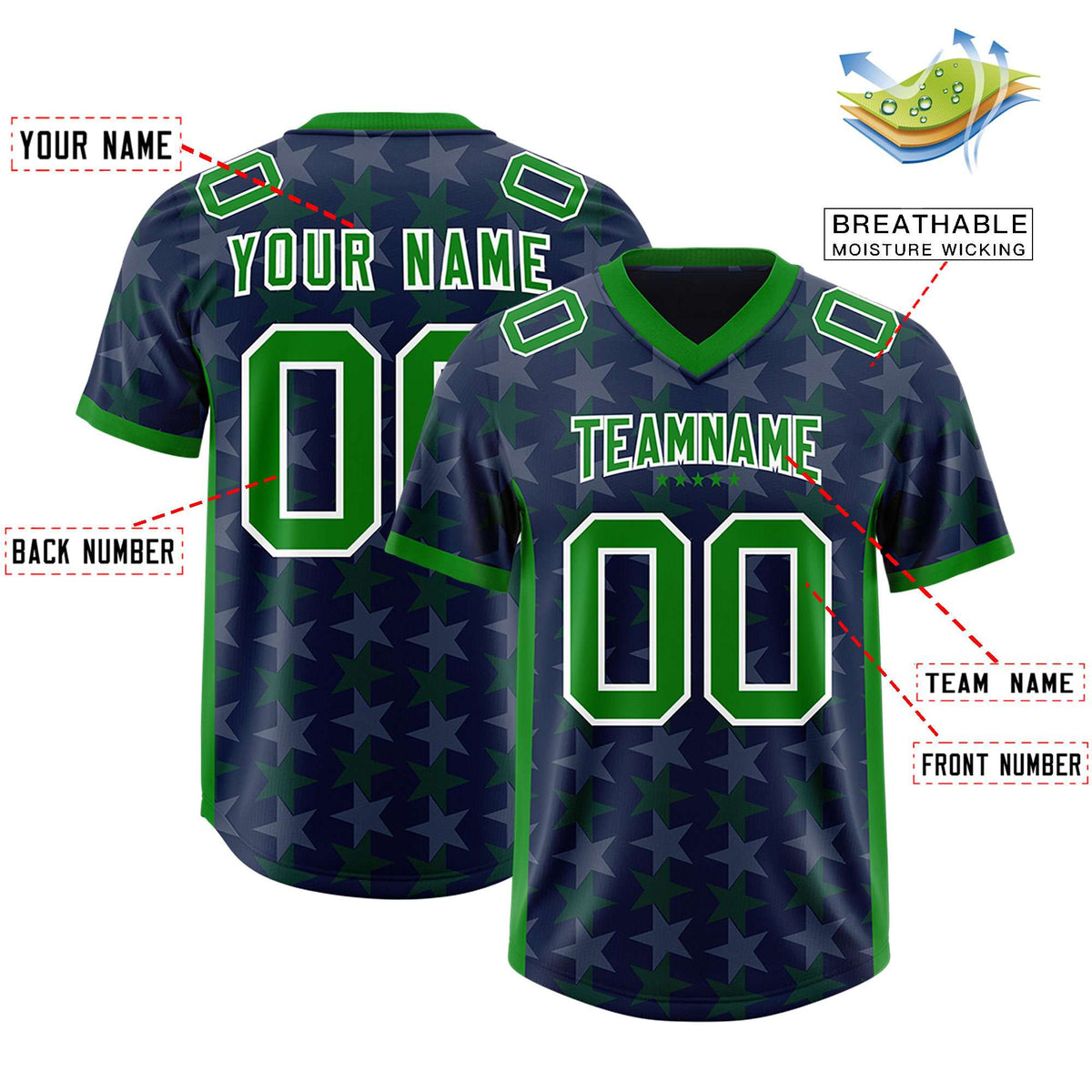 Custom Navy Kelly Green Personalized All Star Graffiti Pattern Authentic American Football Jersey