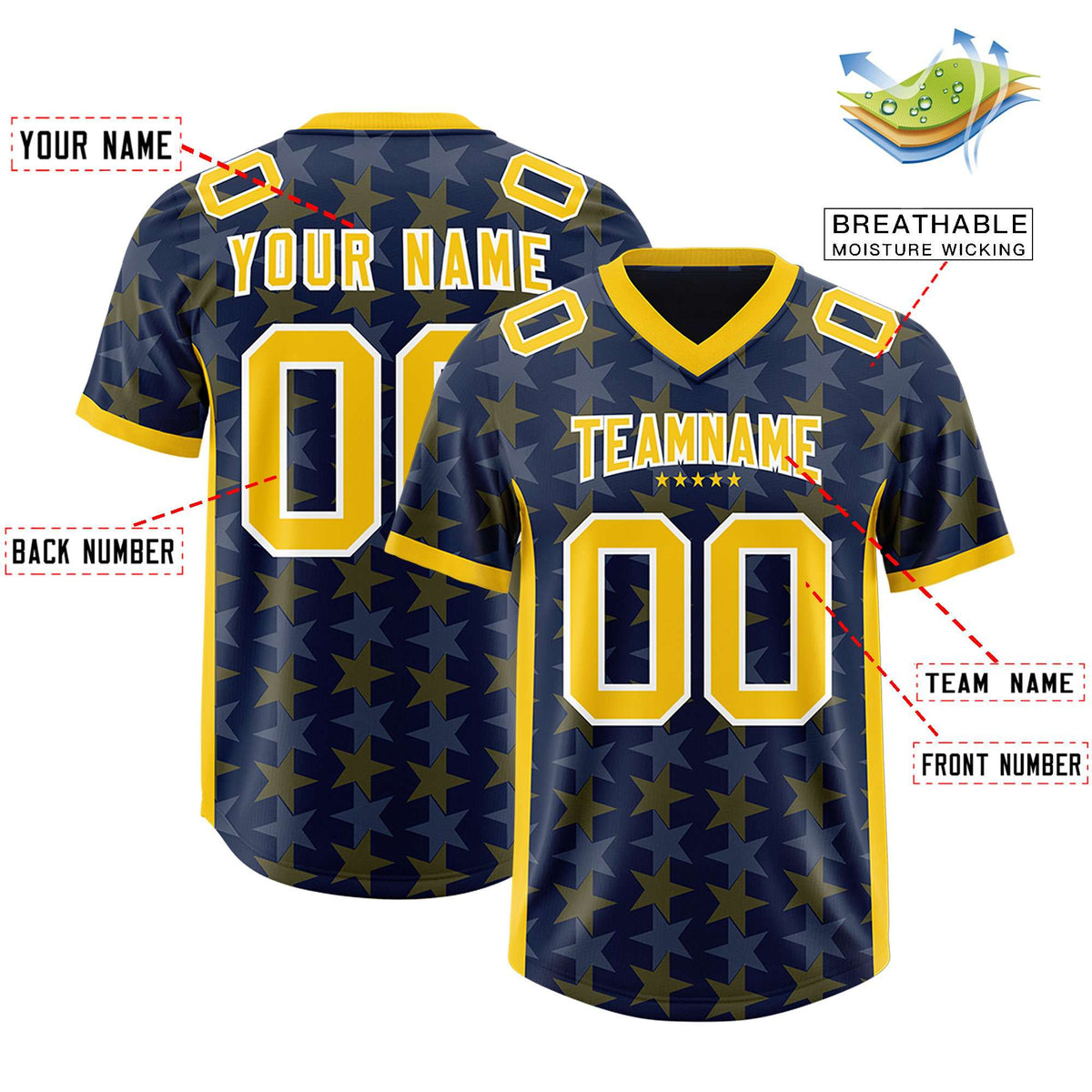 Custom Navy Gold Personalized All Star Graffiti Pattern Authentic American Football Jersey