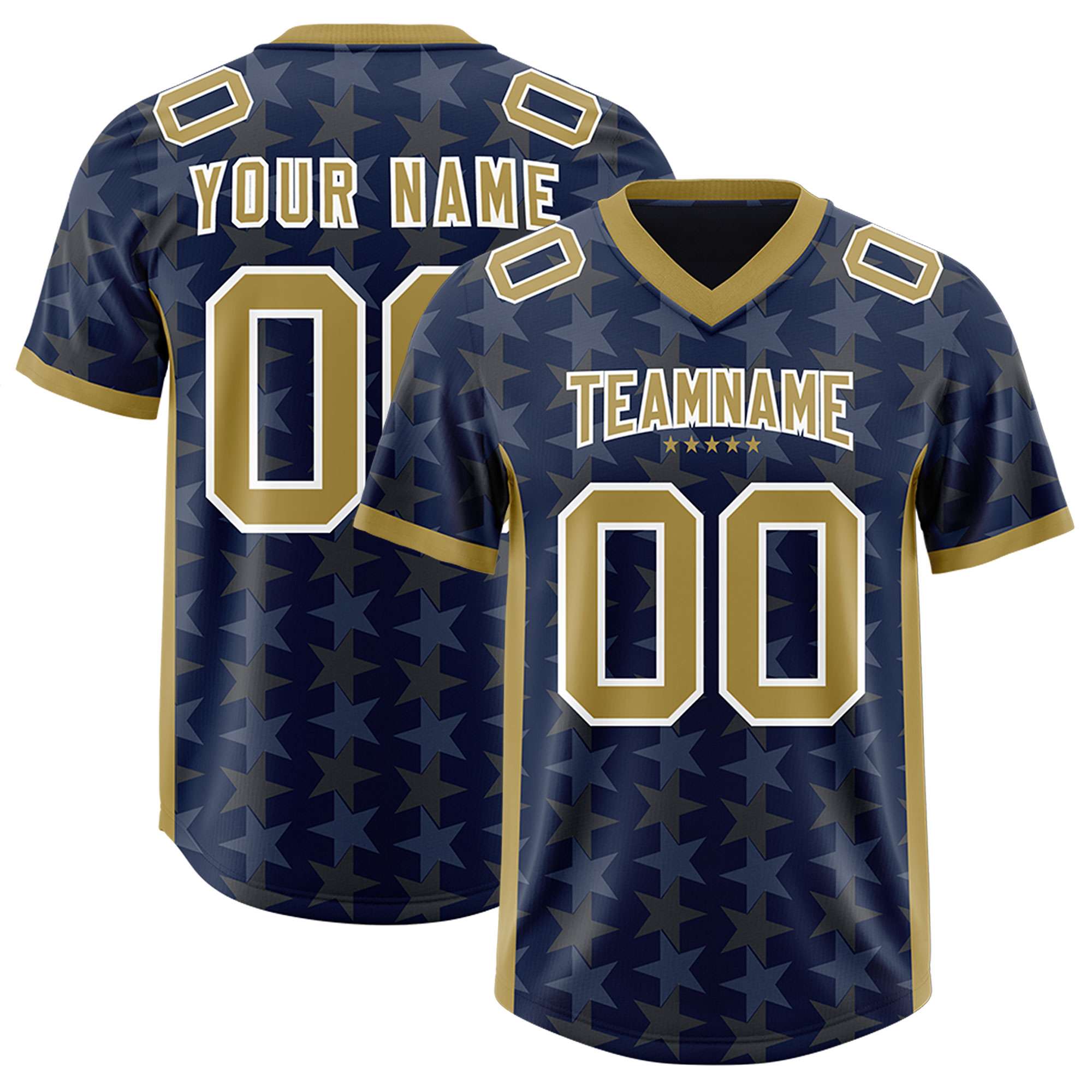 Custom Navy Old Gold Personalized All Star Graffiti Pattern Authentic American Football Jersey