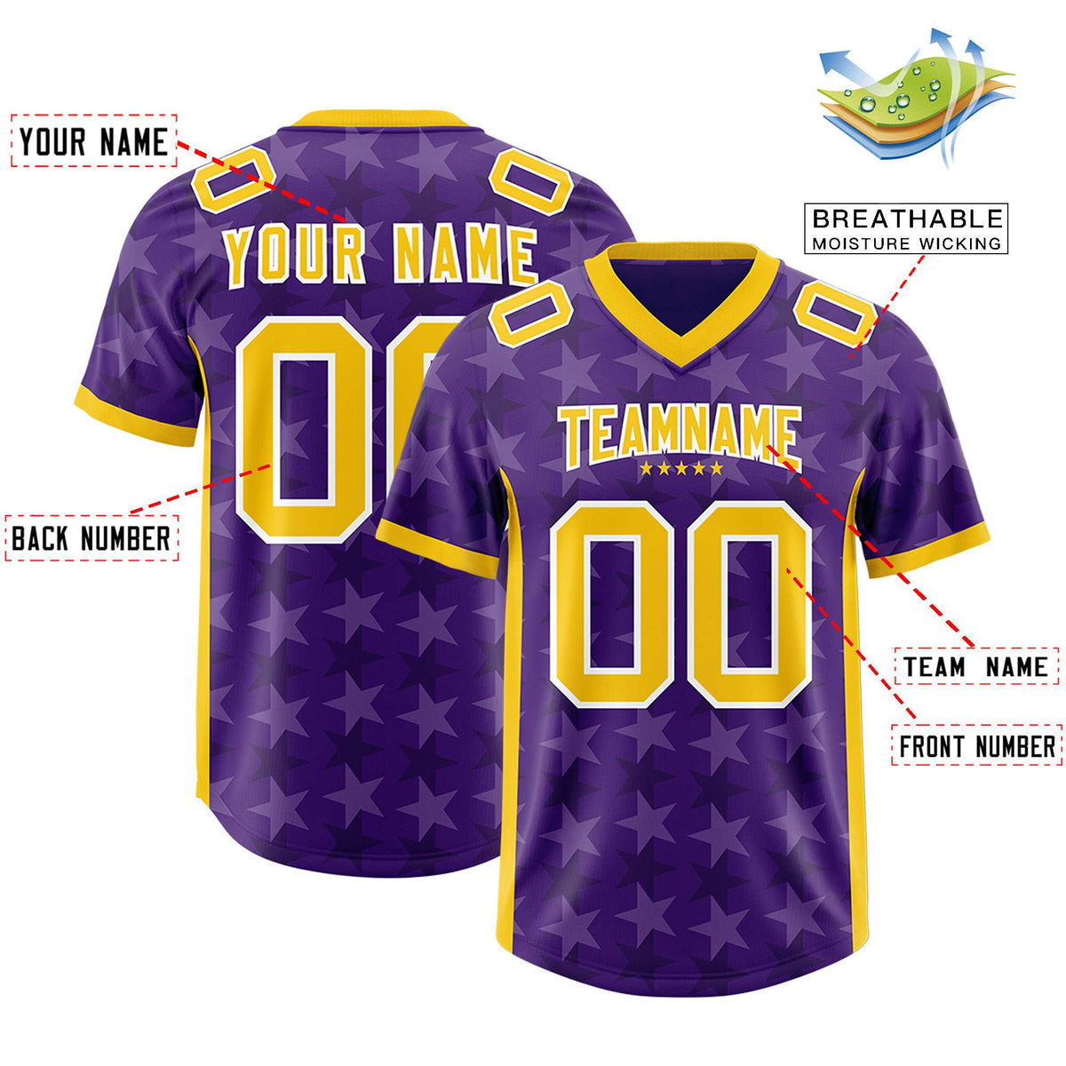 Custom Purple Gold Personalized All Star Graffiti Pattern Authentic American Football Jersey