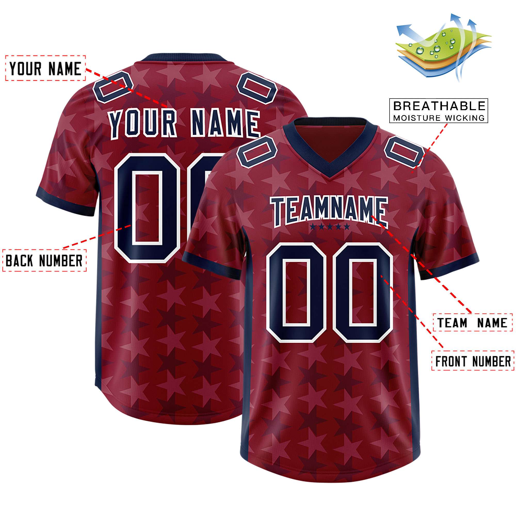 Custom Crimson Navy Personalized All Star Graffiti Pattern Authentic American Football Jersey
