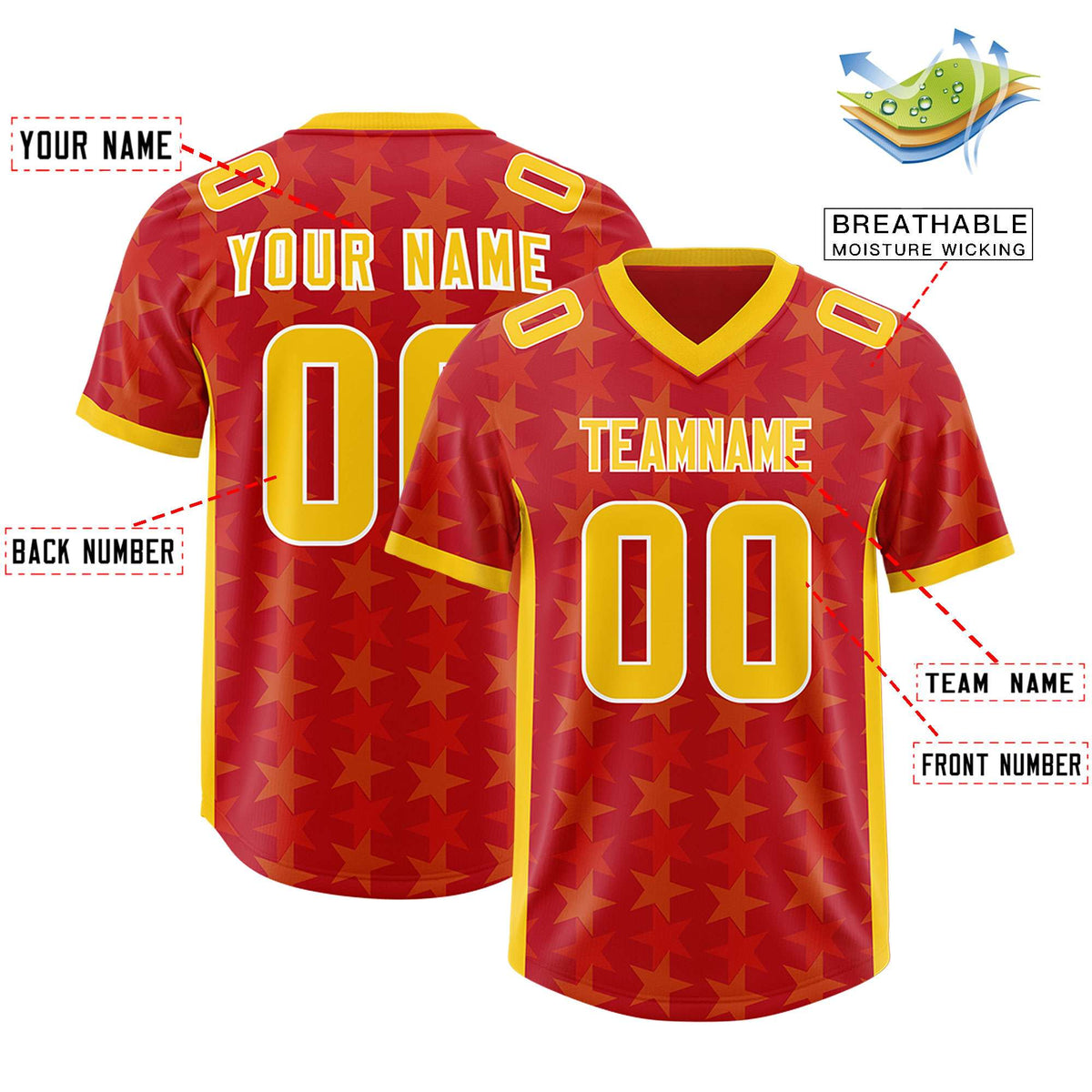 Custom Red Yellow Personalized All Star Graffiti Pattern Authentic American Football Jersey