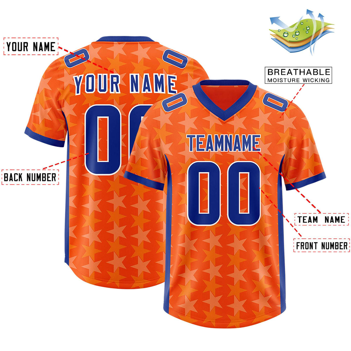Custom Orange Royal Personalized All Star Graffiti Pattern Authentic American Football Jersey