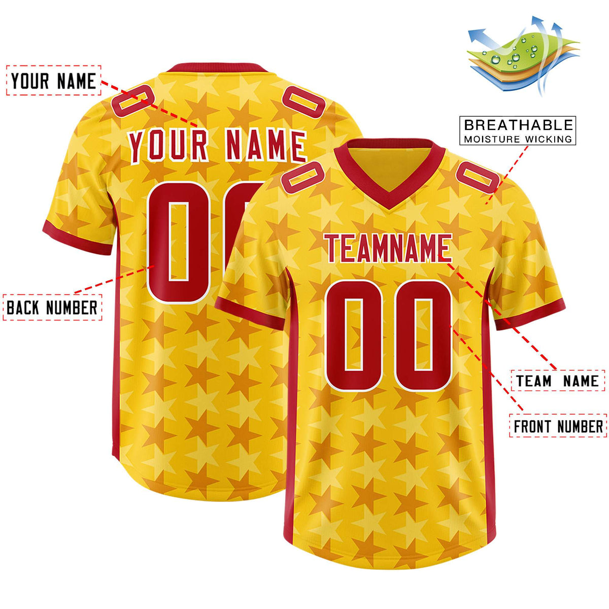 Custom Gold Red Personalized All Star Graffiti Pattern Authentic American Football Jersey