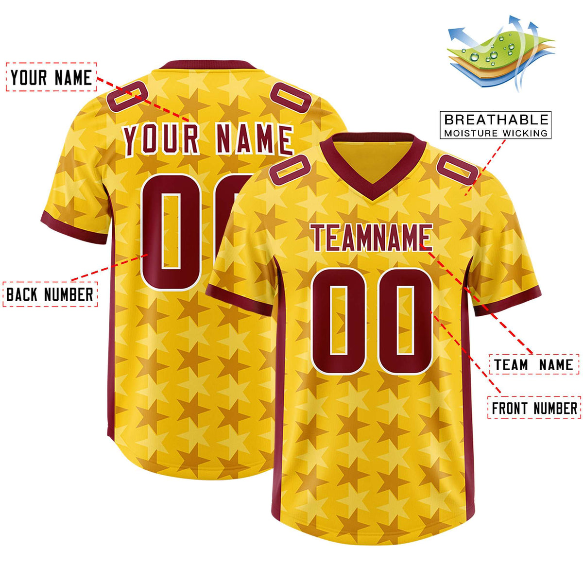 Custom Gold Crimson Personalized All Star Graffiti Pattern Authentic American Football Jersey