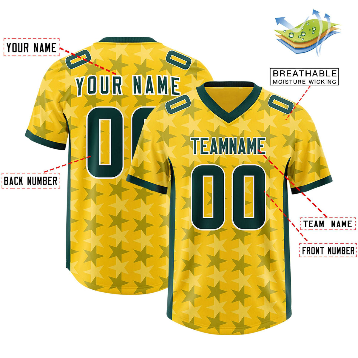 Custom Gold Green Personalized All Star Graffiti Pattern Authentic American Football Jersey
