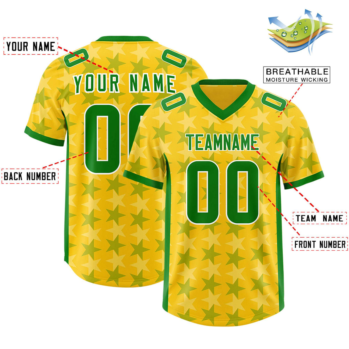 Custom Gold Kelly Green Personalized All Star Graffiti Pattern Authentic American Football Jersey