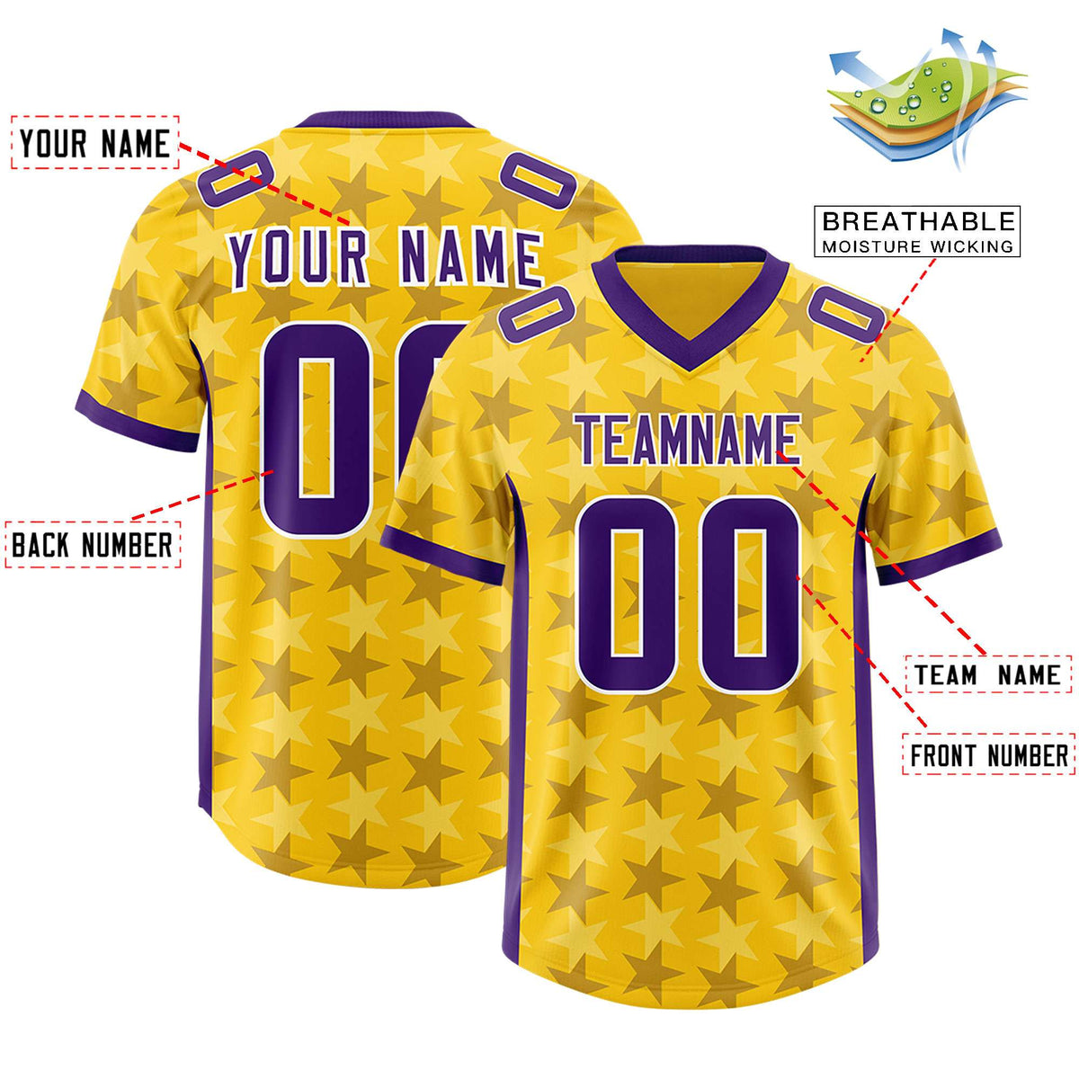 Custom Gold Purple Personalized All Star Graffiti Pattern Authentic American Football Jersey