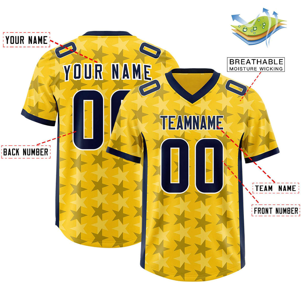 Custom Gold Navy Personalized All Star Graffiti Pattern Authentic American Football Jersey