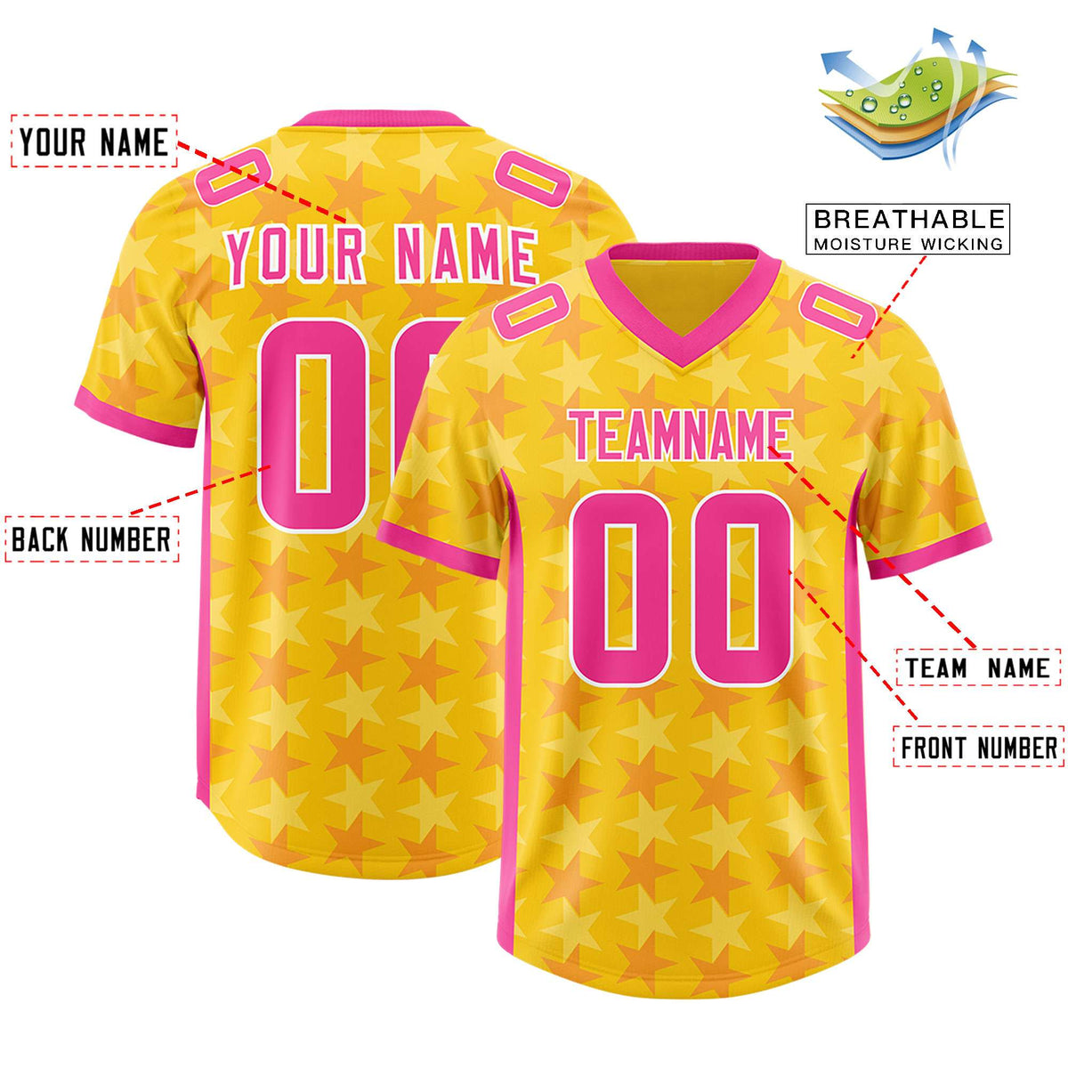 Custom Gold Pink Personalized All Star Graffiti Pattern Authentic American Football Jersey