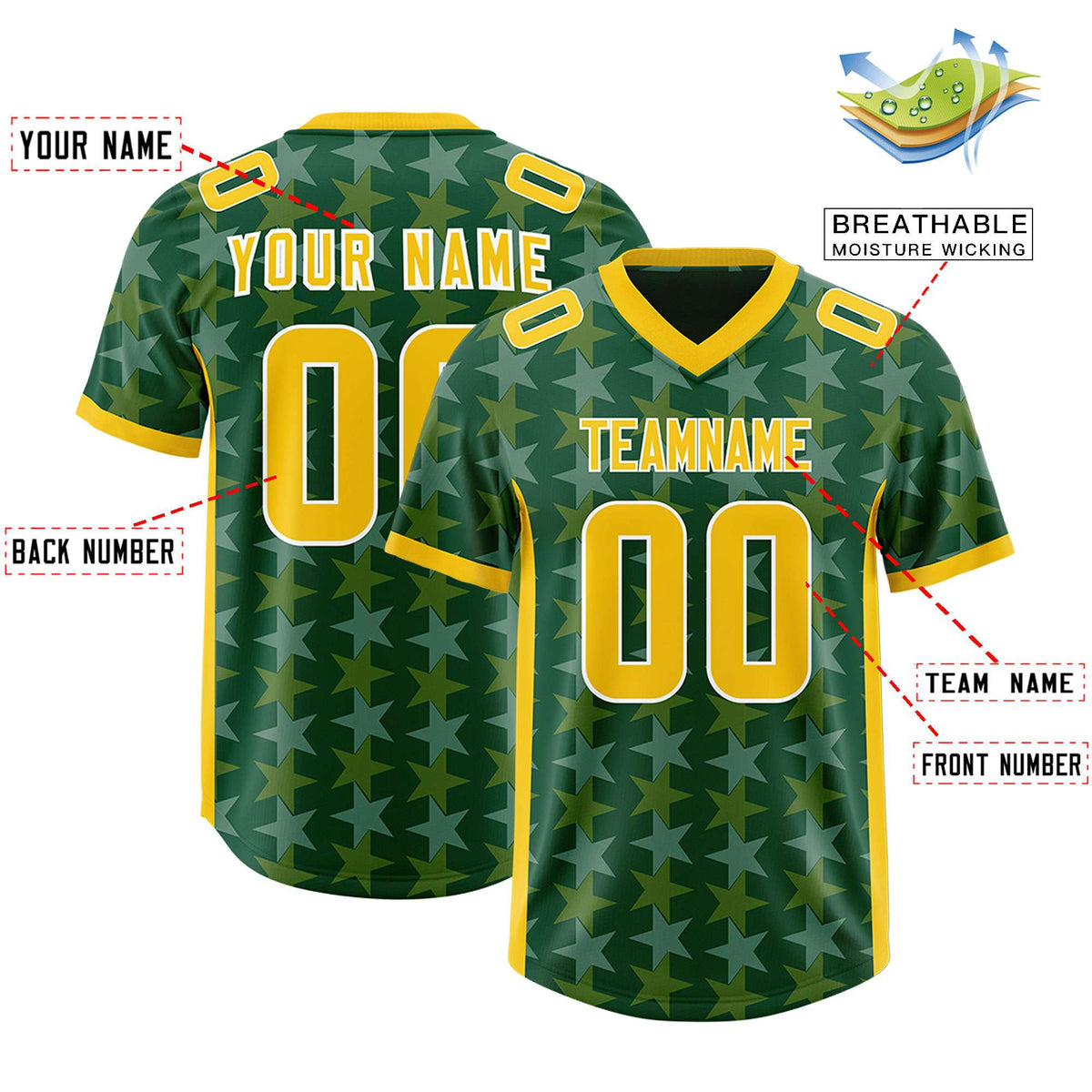 Custom Green Gold Personalized All Star Graffiti Pattern Authentic American Football Jersey