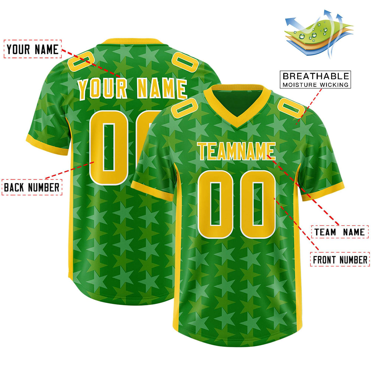 Custom Kelly Green Gold Personalized All Star Graffiti Pattern Authentic American Football Jersey