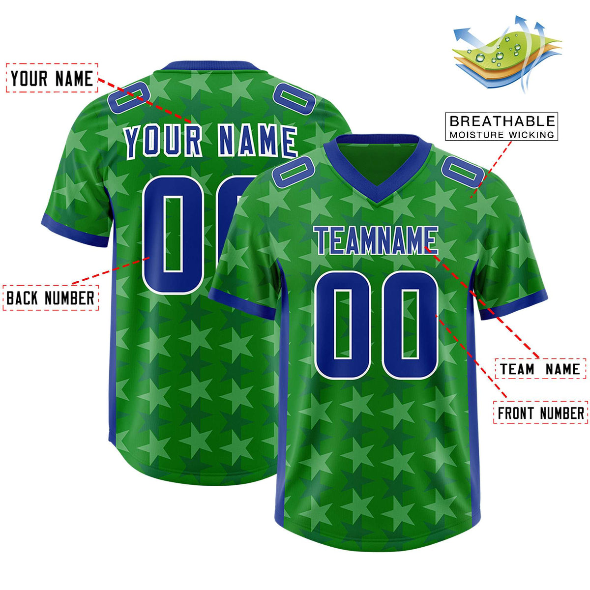 Custom Kelly Green Royal Personalized All Star Graffiti Pattern Authentic American Football Jersey