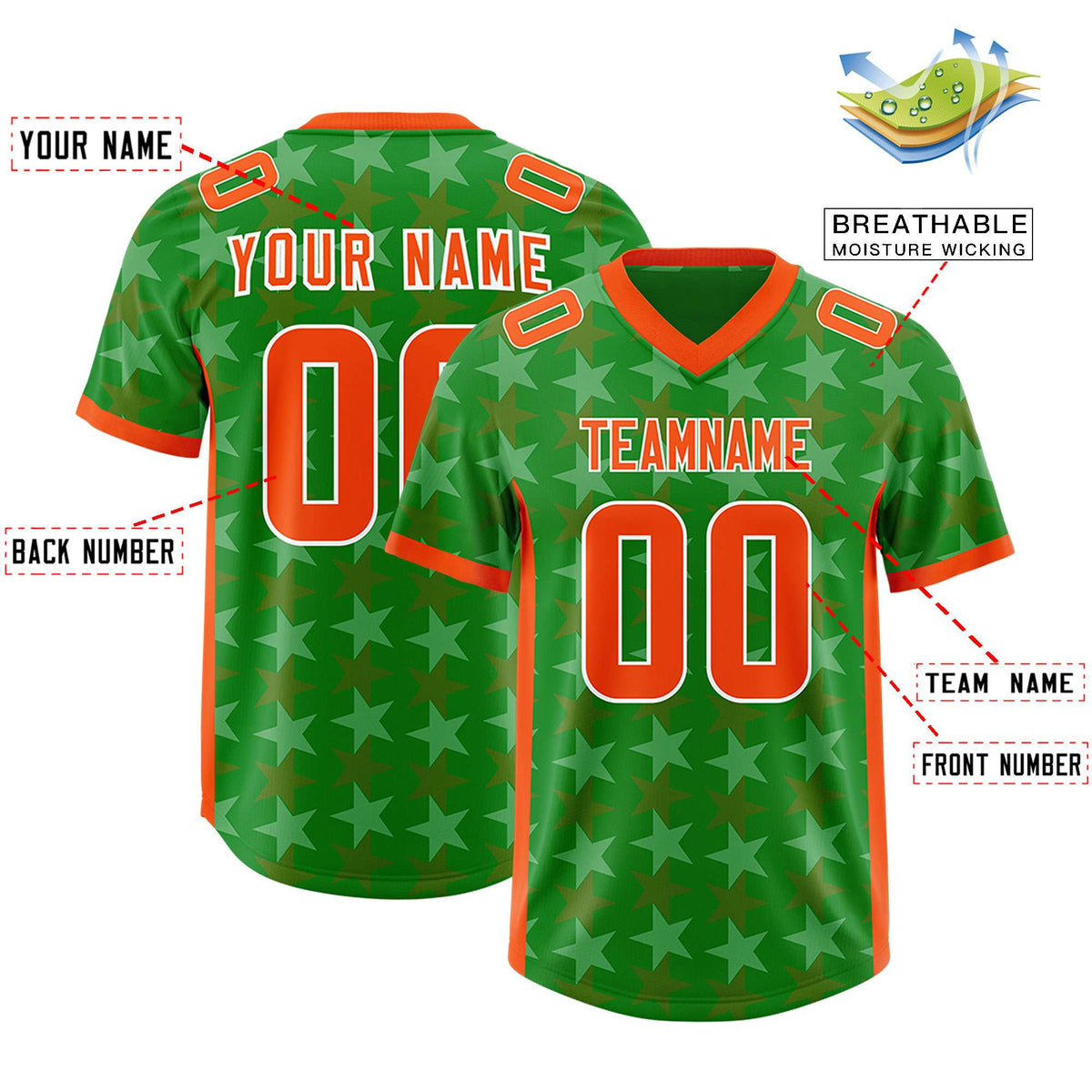 Custom Kelly Green Orange Personalized All Star Graffiti Pattern Authentic American Football Jersey