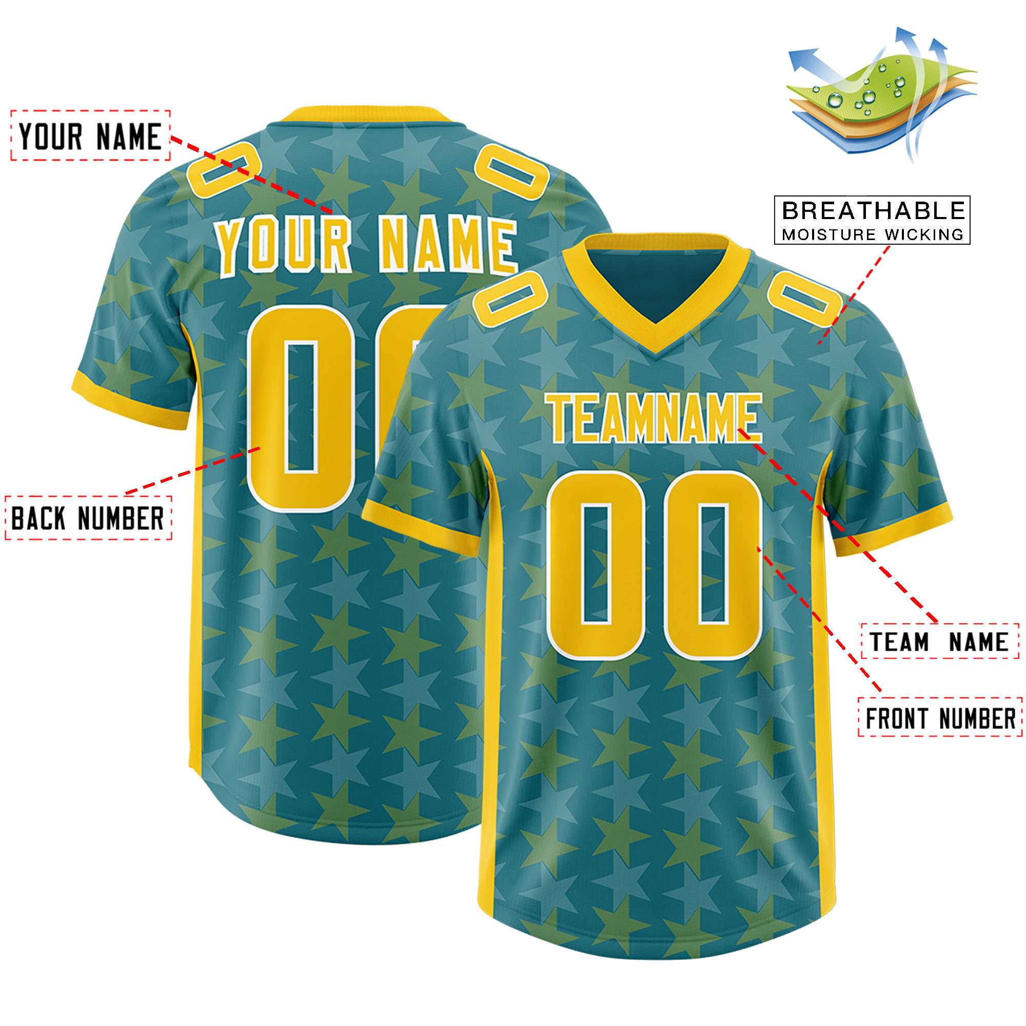Custom Aqua Gold Personalized All Star Graffiti Pattern Authentic American Football Jersey