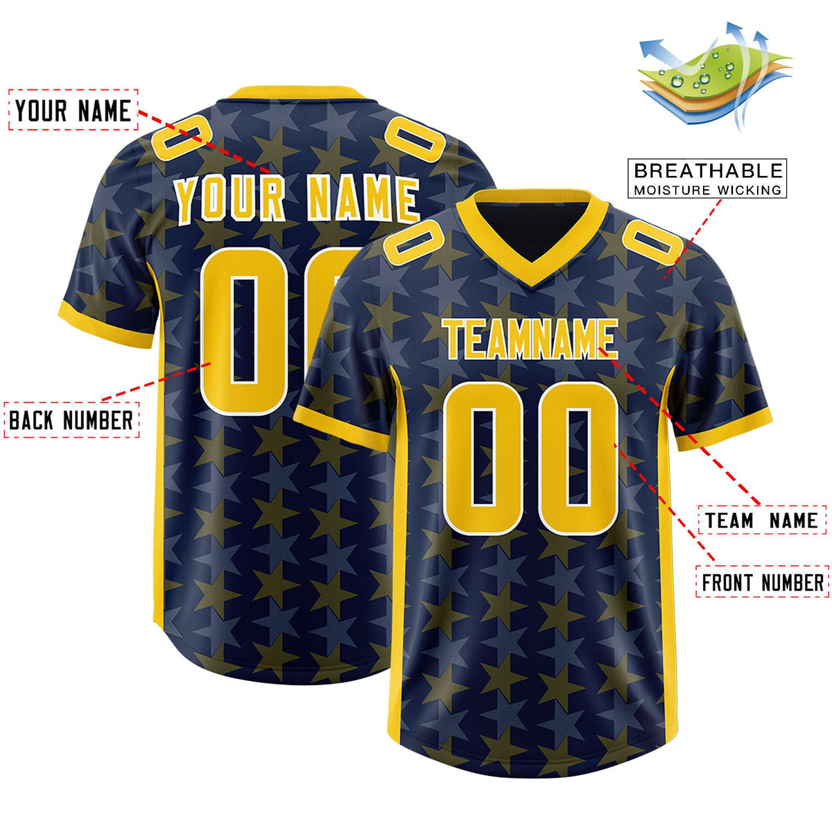 Custom Navy Gold Personalized All Star Graffiti Pattern Authentic American Football Jersey