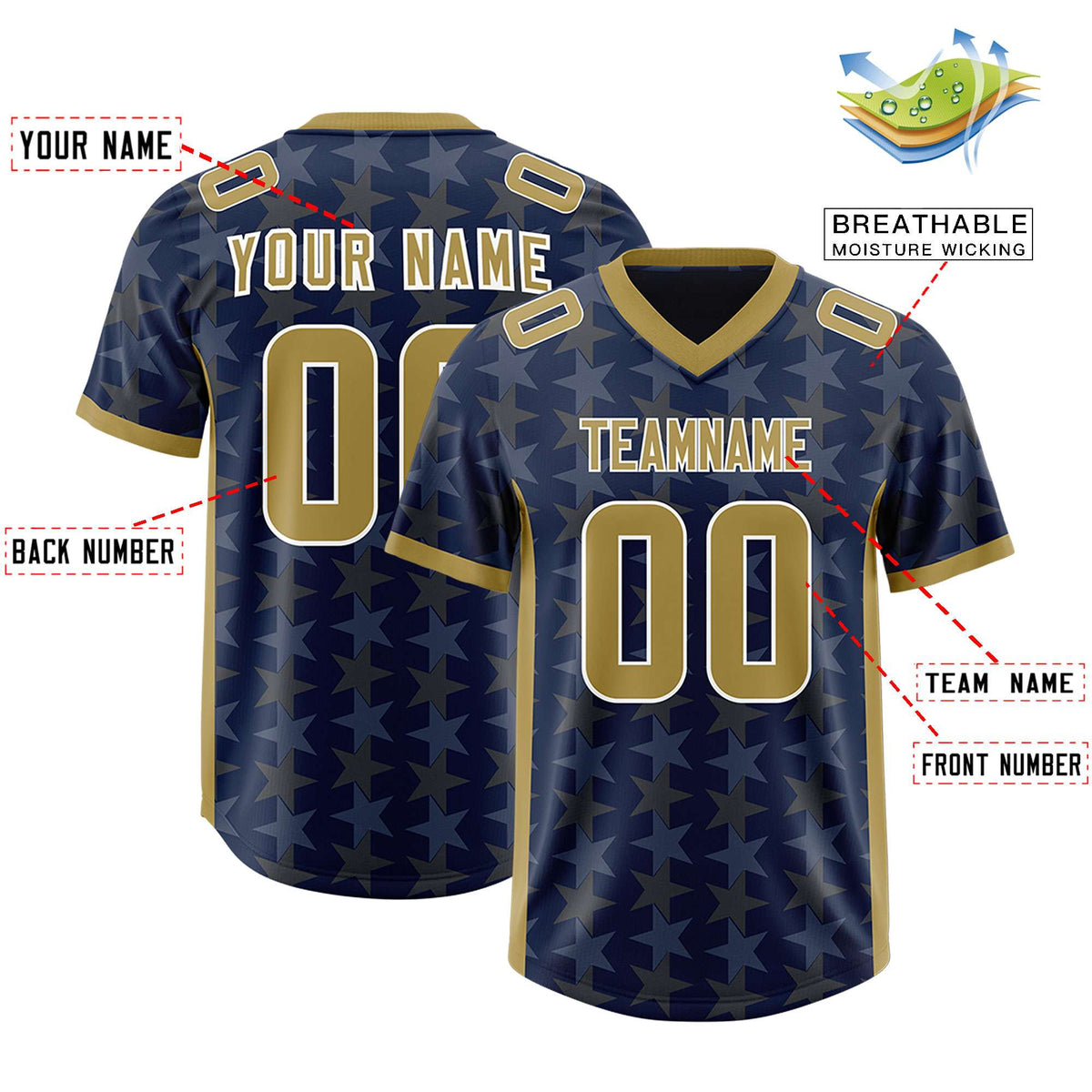 Custom Navy Old Gold Personalized All Star Graffiti Pattern Authentic American Football Jersey