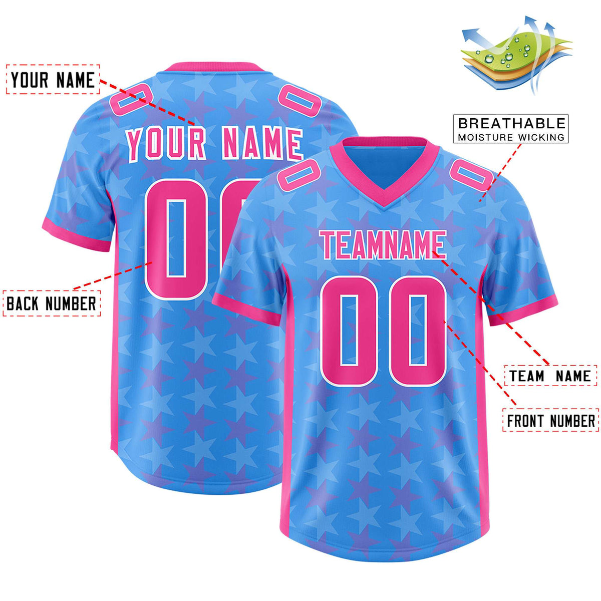 Custom Light Blue Pink Personalized All Star Graffiti Pattern Authentic American Football Jersey