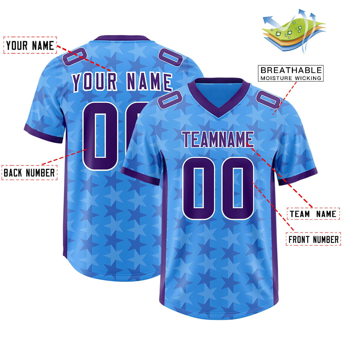 Custom Light Blue Purple Personalized All Star Graffiti Pattern Authentic American Football Jersey