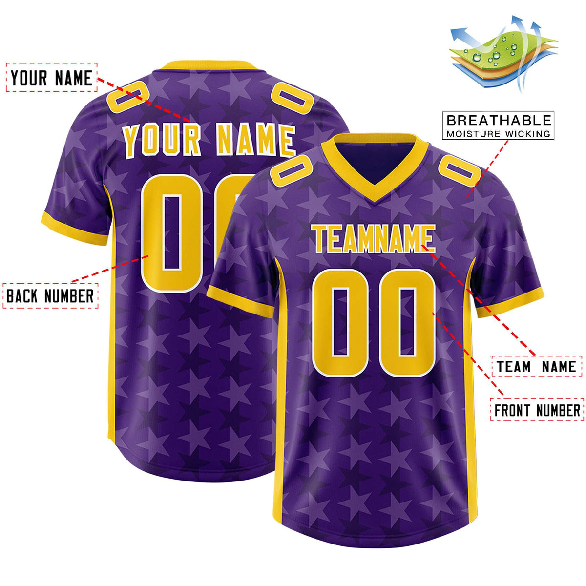 Custom Purple Gold Personalized All Star Graffiti Pattern Authentic American Football Jersey