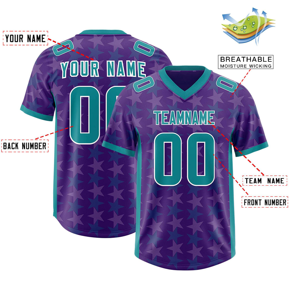 Custom Purple Aqua Personalized All Star Graffiti Pattern Authentic American Football Jersey
