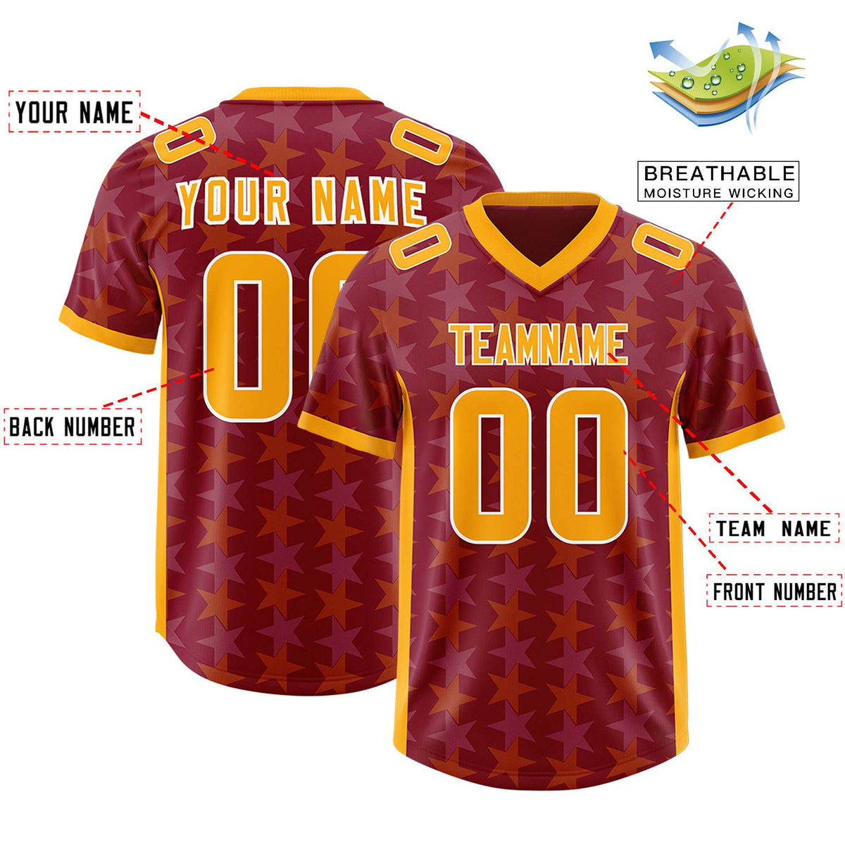Custom Crimson Yellow Personalized All Star Graffiti Pattern Authentic American Football Jersey