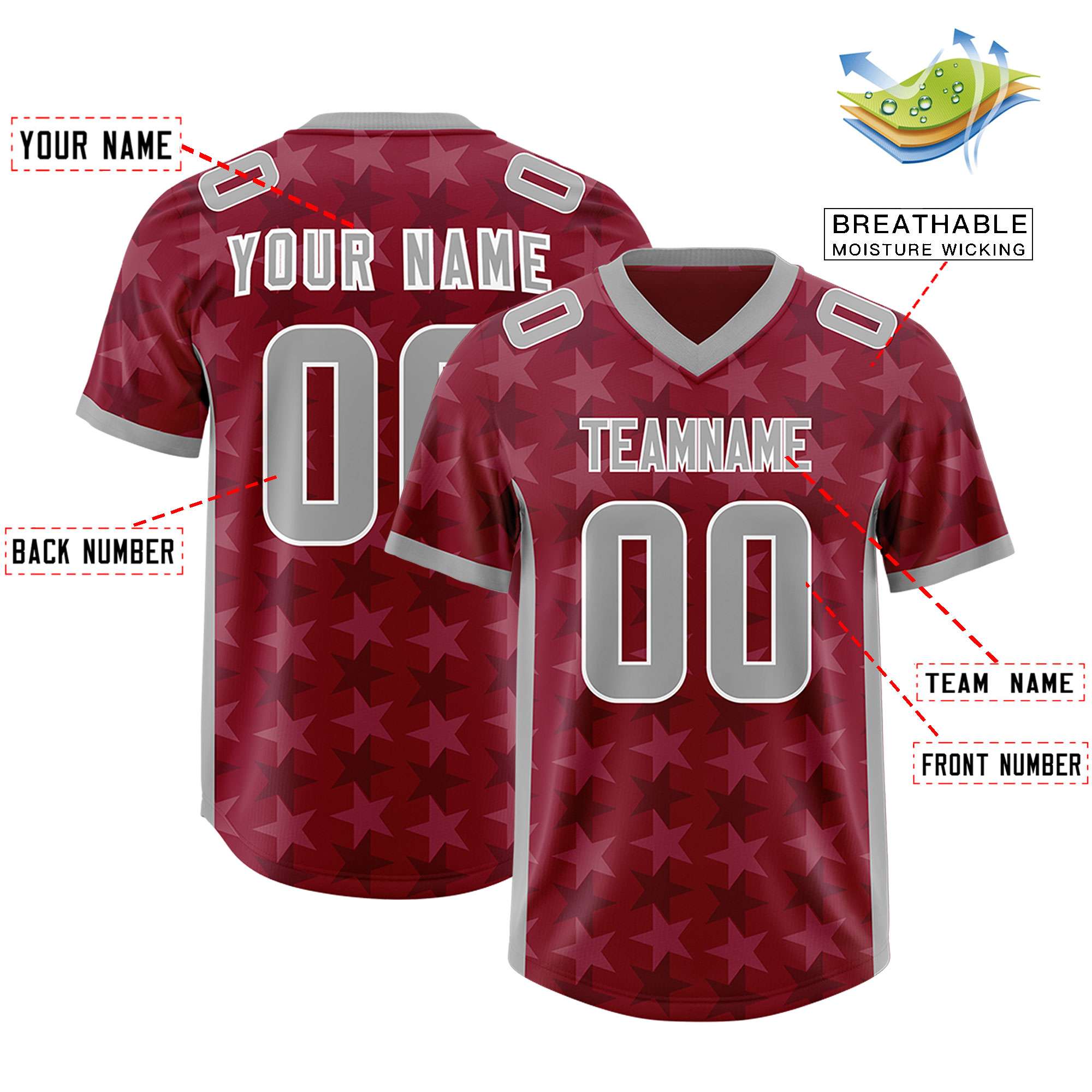 Custom Crimson Grey Personalized All Star Graffiti Pattern Authentic American Football Jersey