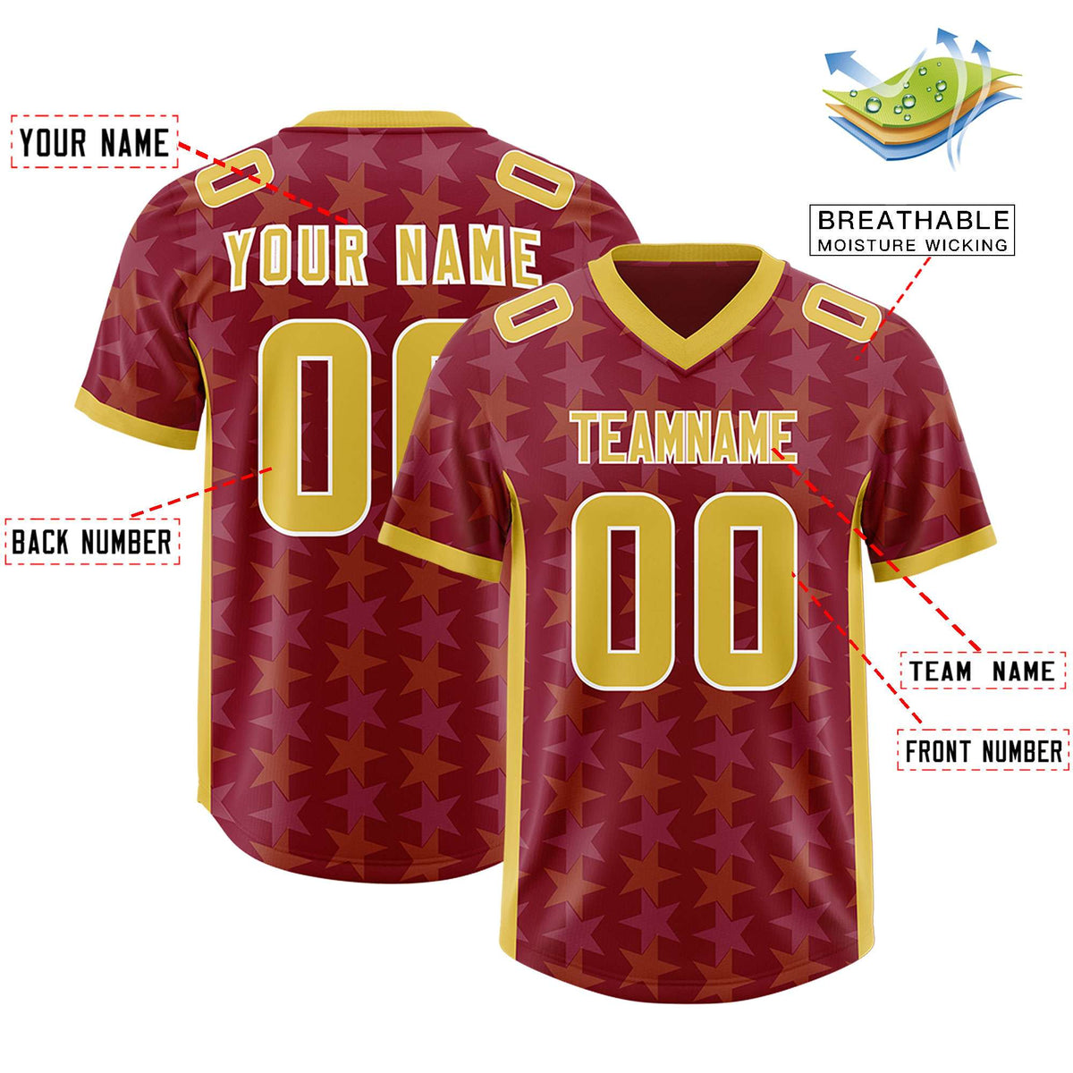 Custom Crimson Gold Personalized All Star Graffiti Pattern Authentic American Football Jersey