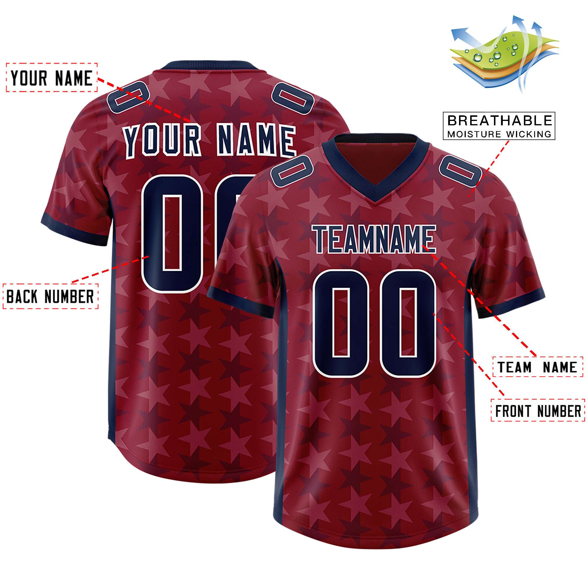 Custom Crimson Navy Personalized All Star Graffiti Pattern Authentic American Football Jersey