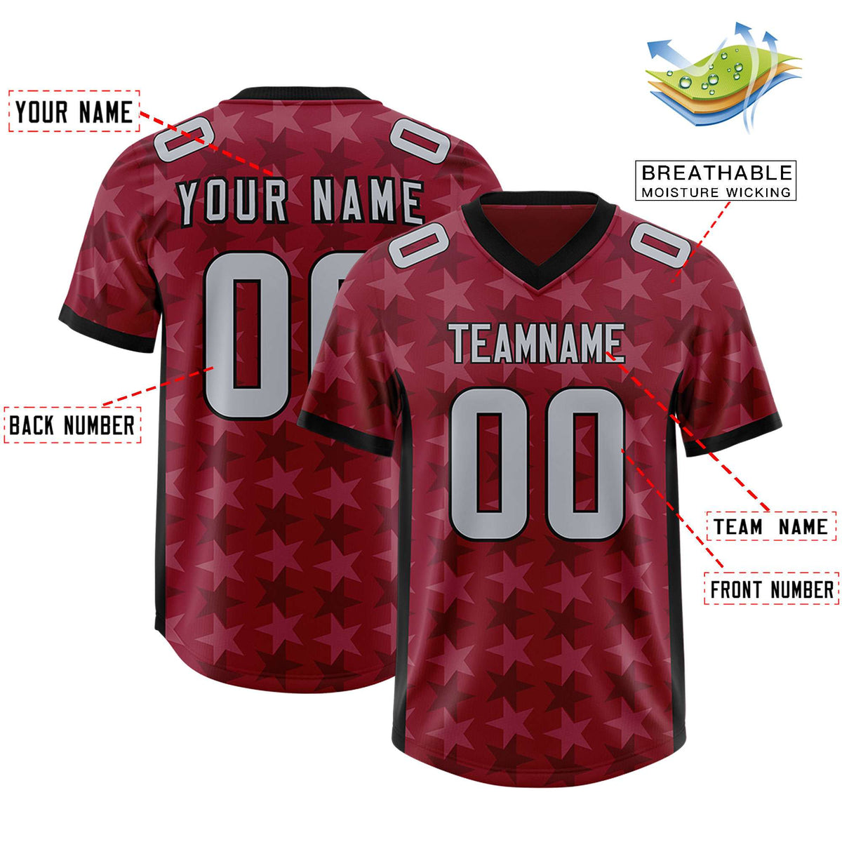 Custom Crimson Black Personalized All Star Graffiti Pattern Authentic American Football Jersey