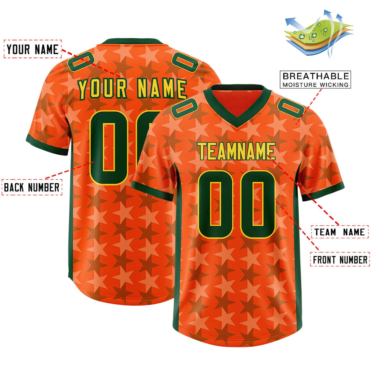 Custom Orange Green Personalized All Star Graffiti Pattern Authentic American Football Jersey