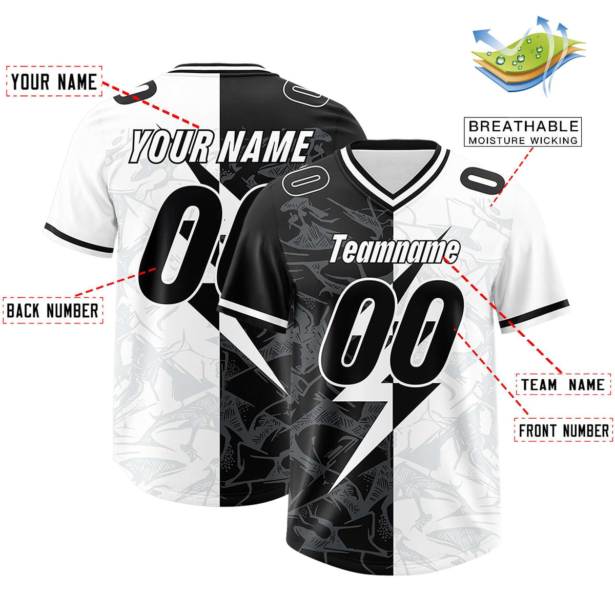 Custom White Black Split Personalized Lightning Pattern American Football Jersey