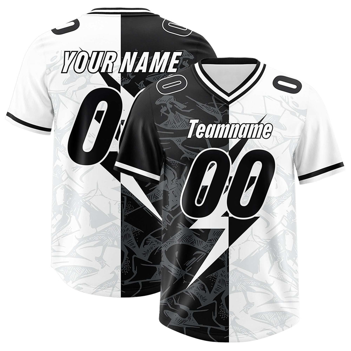 Custom White Black Split Personalized Lightning Pattern American Football Jersey
