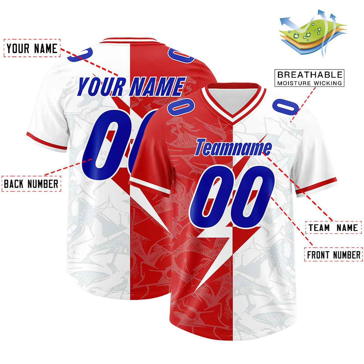 Custom White Red Split Personalized Lightning Pattern American Football Jersey