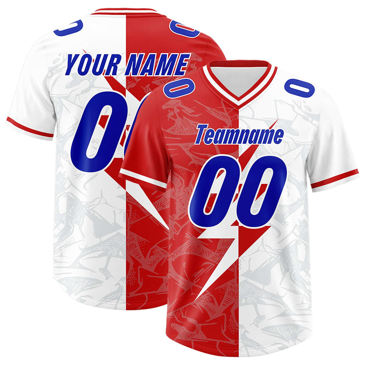 Custom White Red Split Personalized Lightning Pattern American Football Jersey