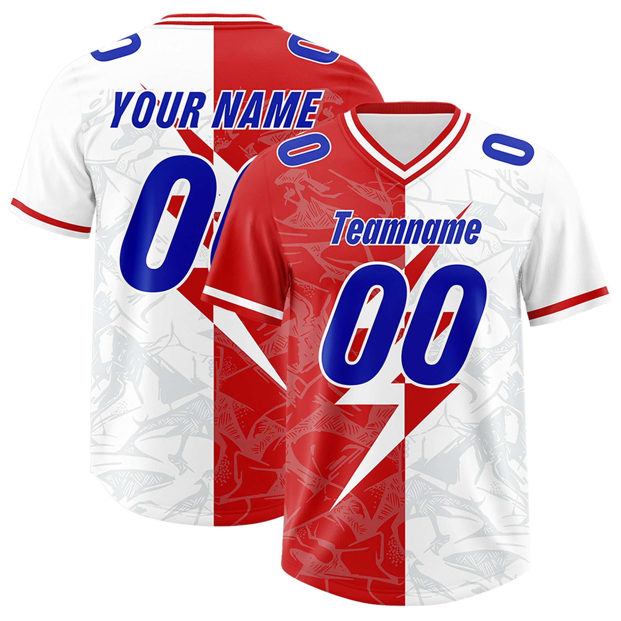 Custom White Red Split Personalized Lightning Pattern American Football Jersey