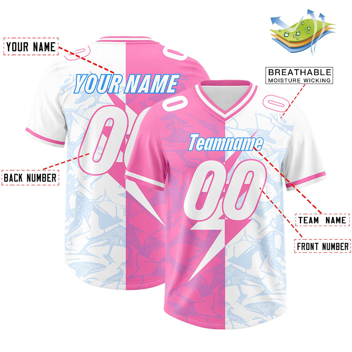 Custom White Pink Split Personalized Lightning Pattern American Football Jersey