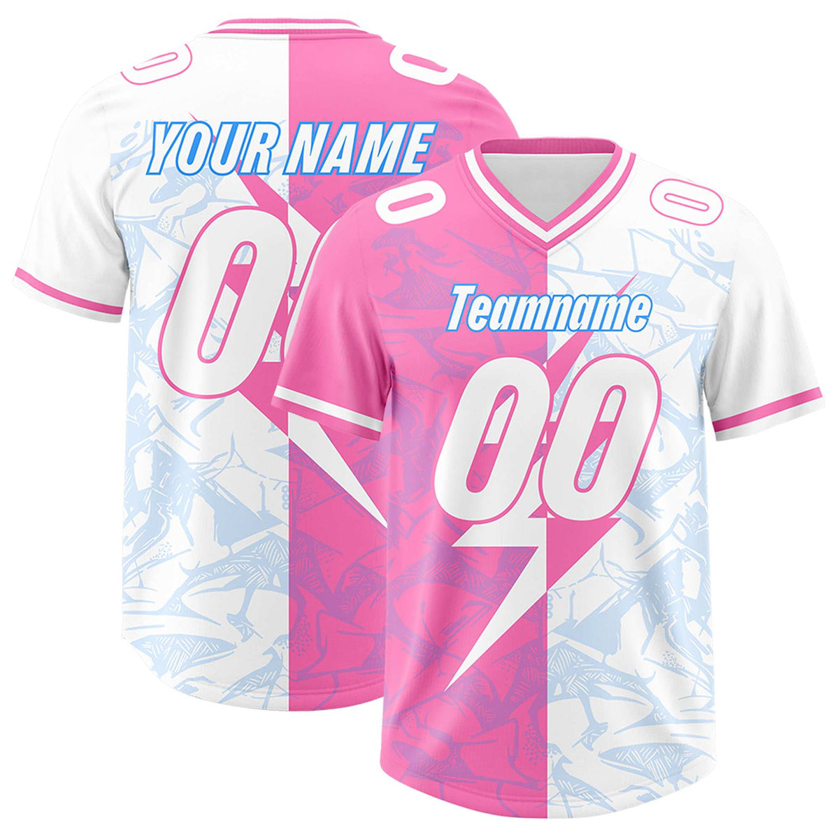 Custom White Pink Split Personalized Lightning Pattern American Football Jersey