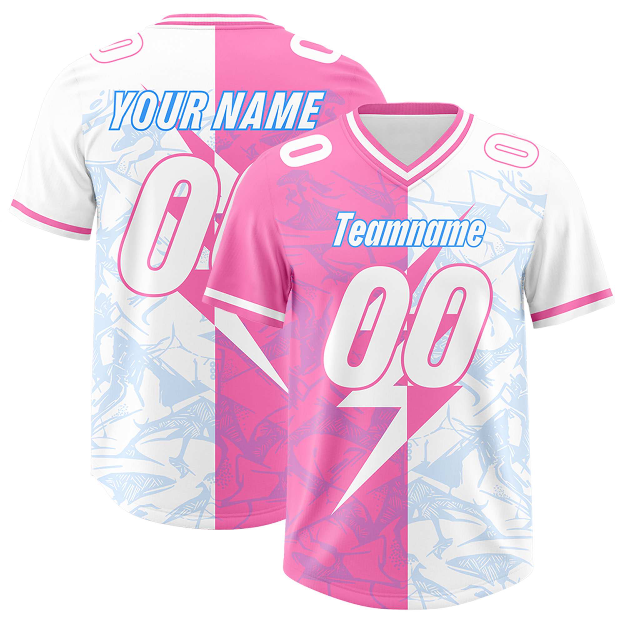 Custom White Pink Split Personalized Lightning Pattern American Football Jersey