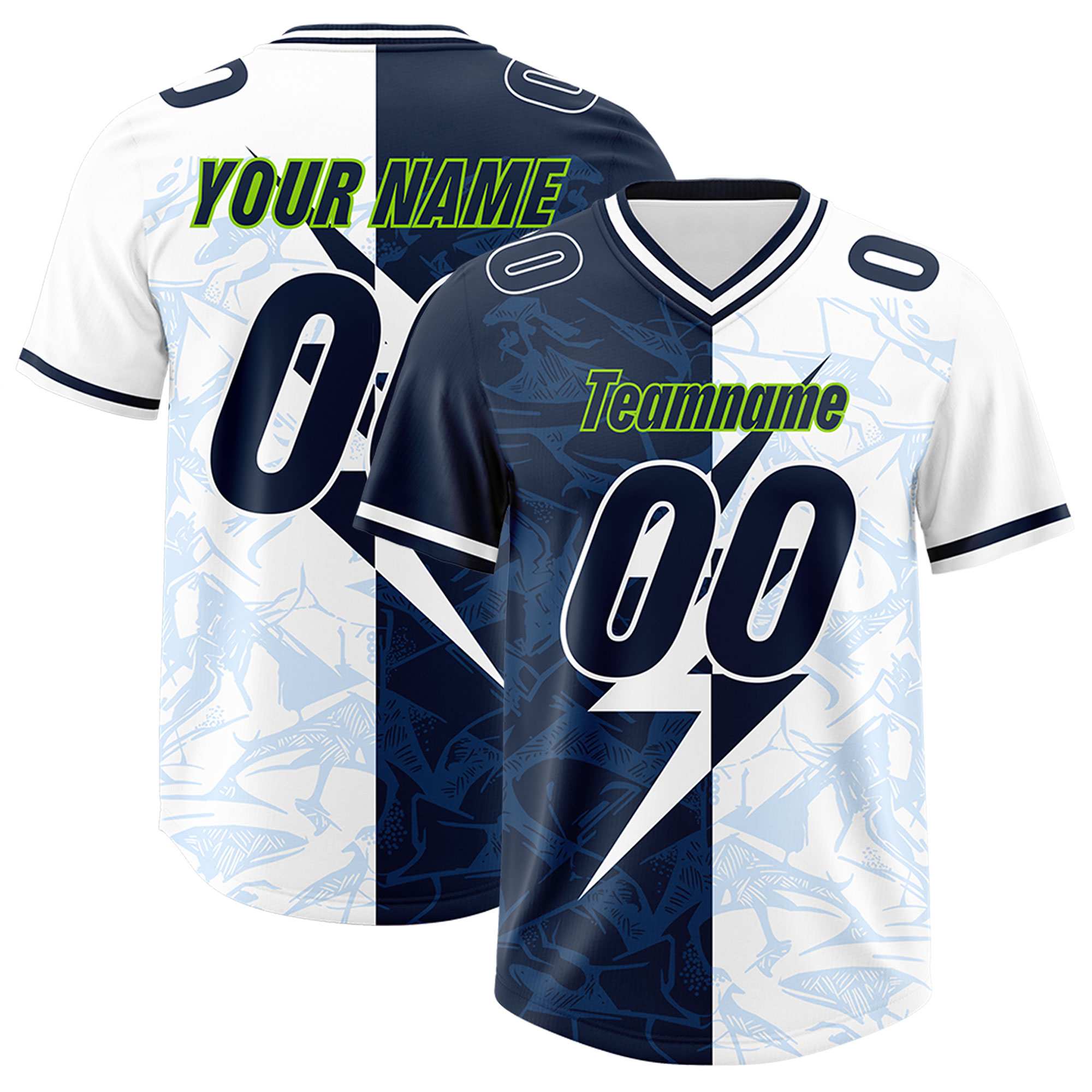 Custom White Navy Split Personalized Lightning Pattern American Football Jersey