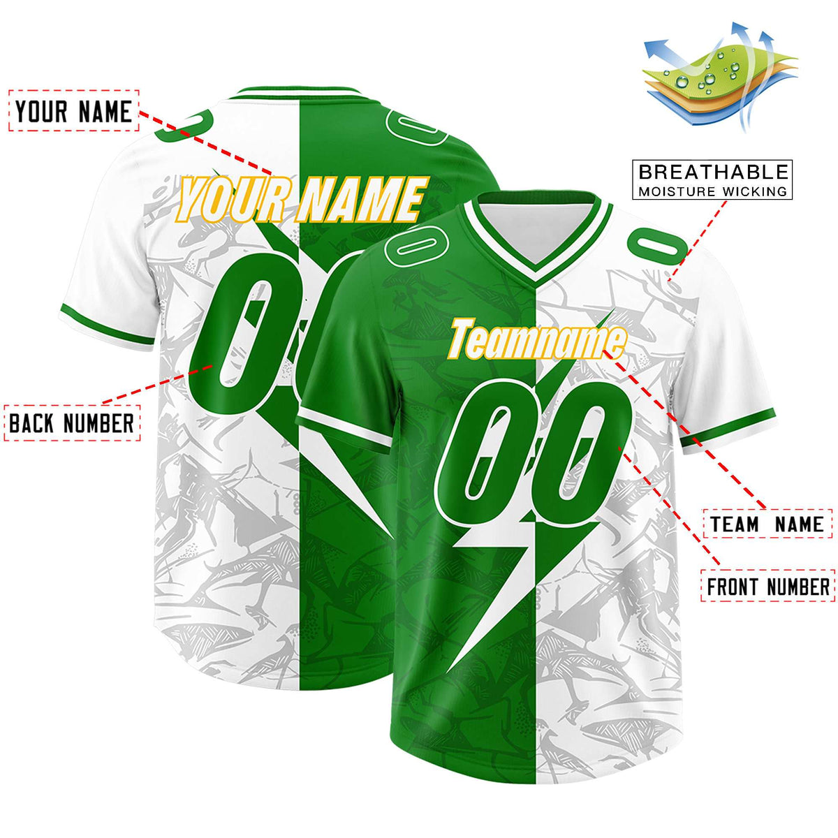 Custom Kelly Green White Split Personalized Lightning Pattern American Football Jersey