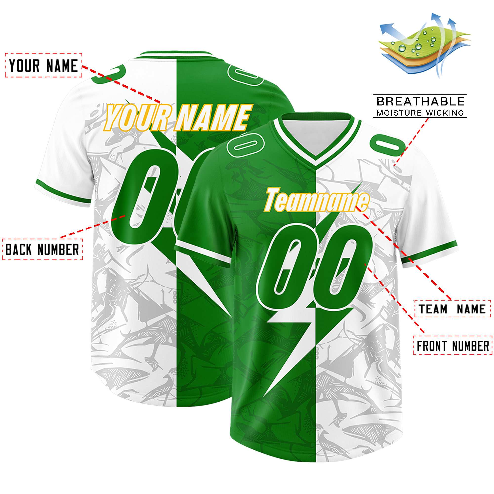 Custom Kelly Green White Split Personalized Lightning Pattern American Football Jersey