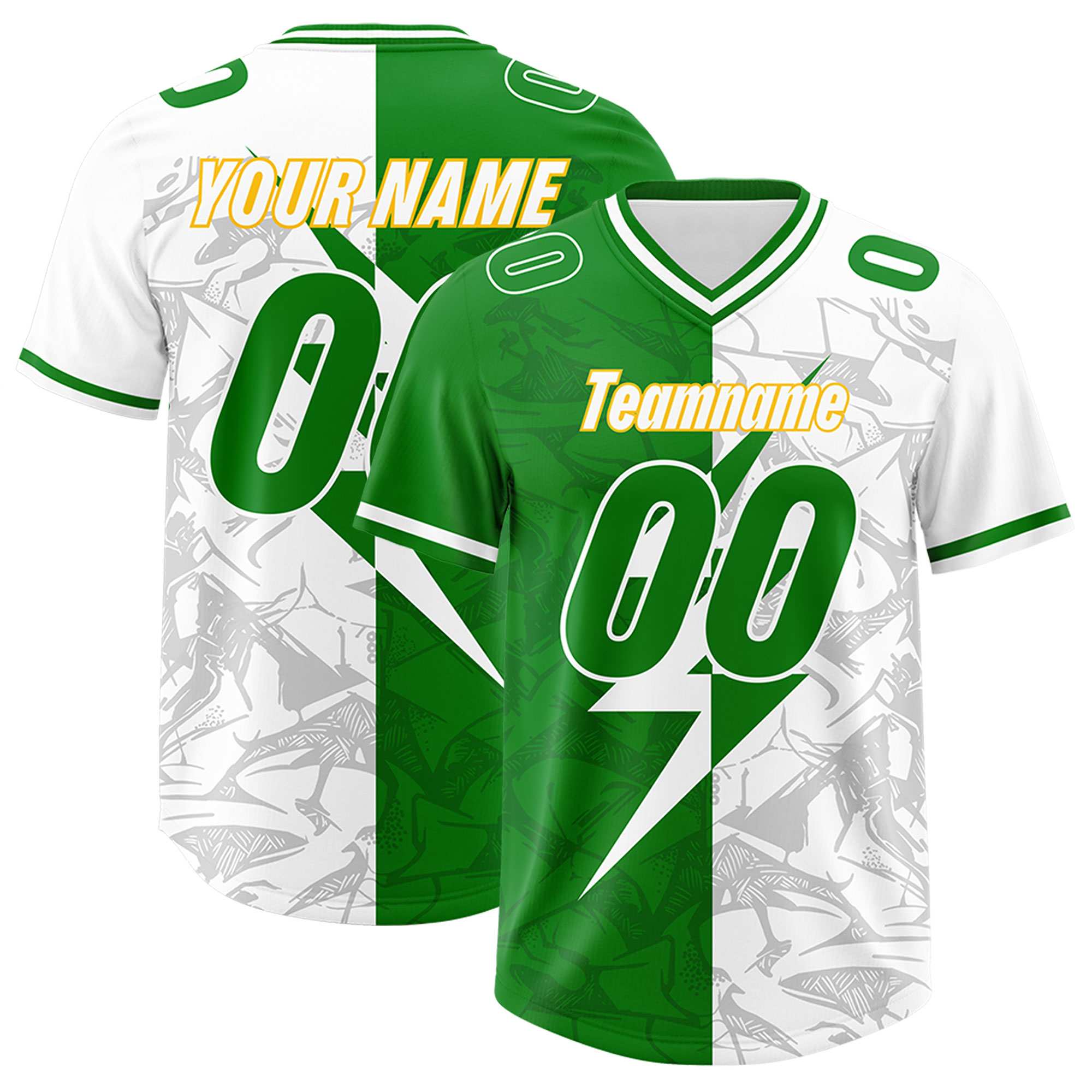 Custom Kelly Green White Split Personalized Lightning Pattern American Football Jersey