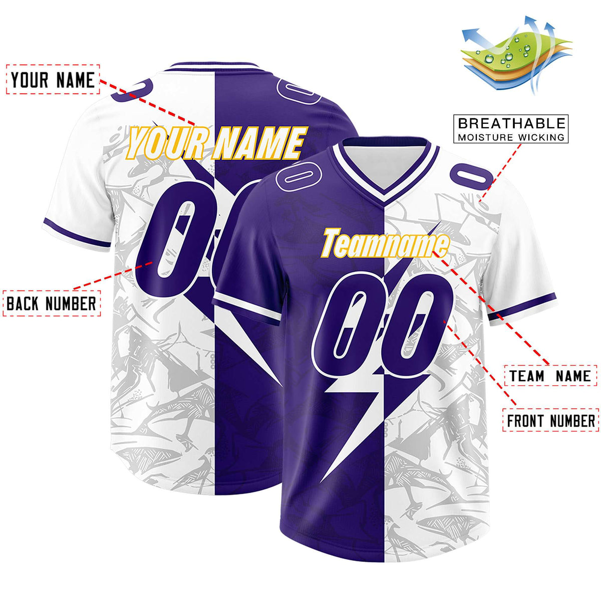 Custom Purple White Split Personalized Lightning Pattern American Football Jersey