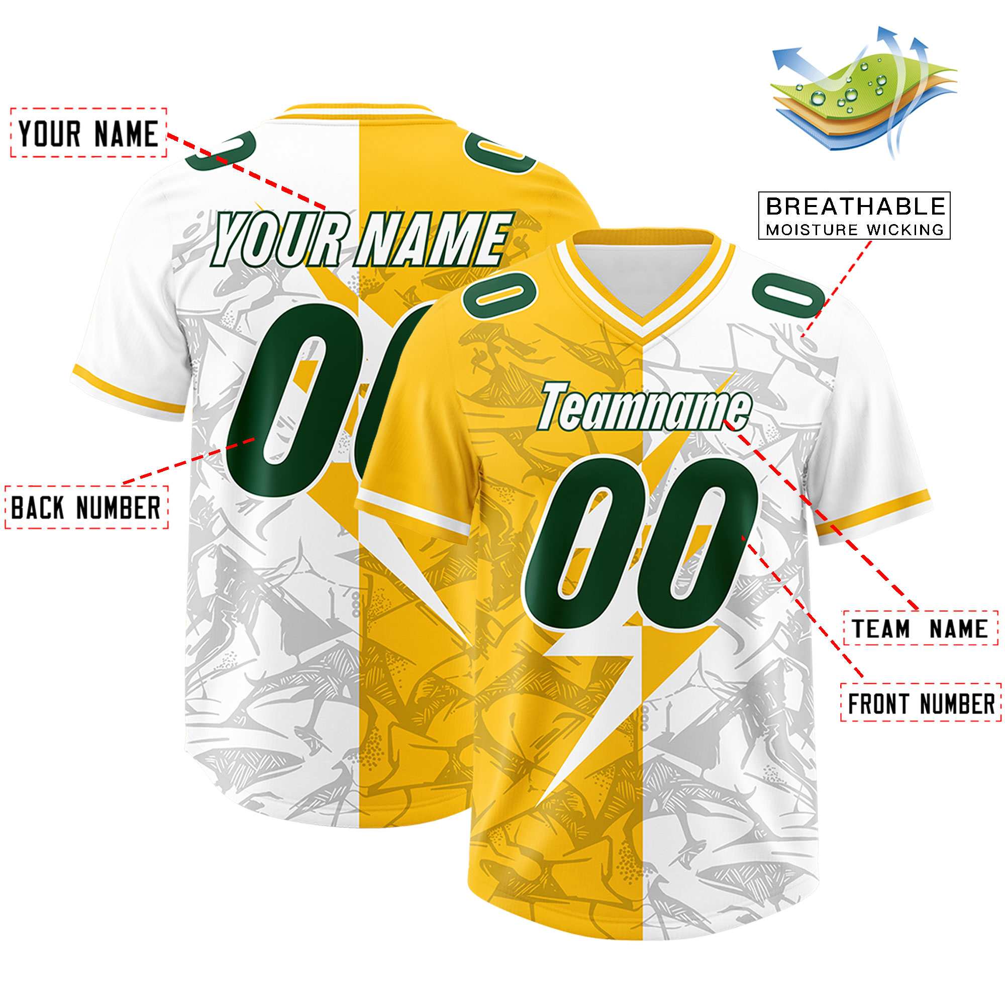 Custom Yellow White Split Personalized Lightning Pattern American Football Jersey