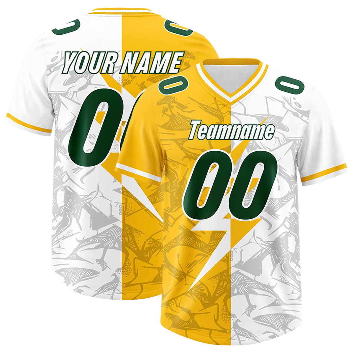 Custom Yellow White Split Personalized Lightning Pattern American Football Jersey