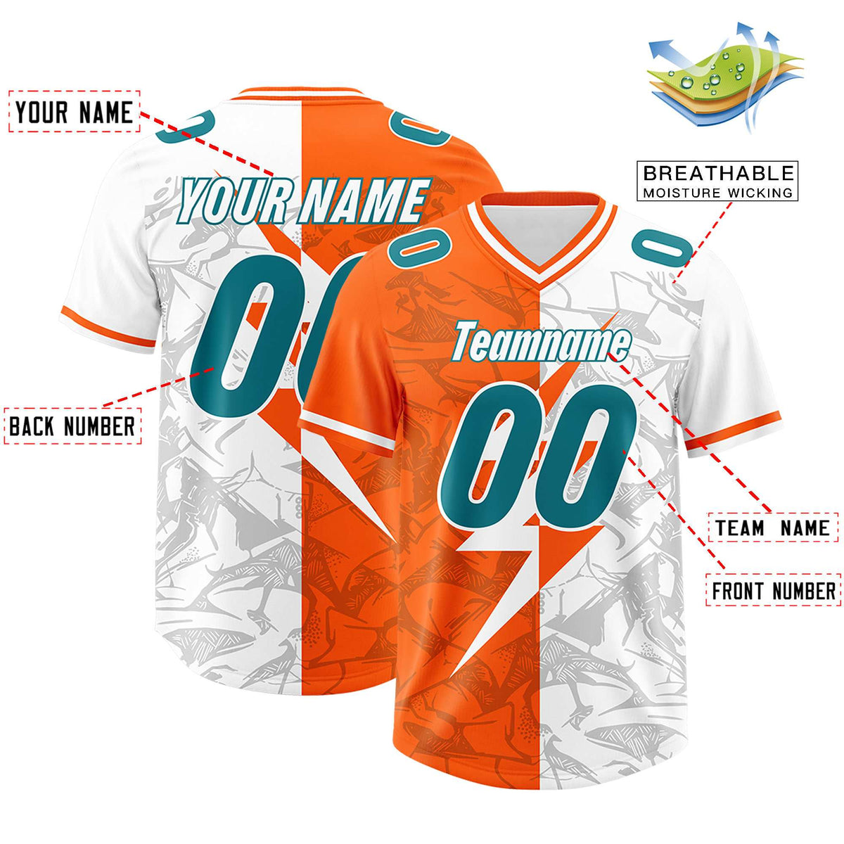 Custom Orange White Split Personalized Lightning Pattern American Football Jersey
