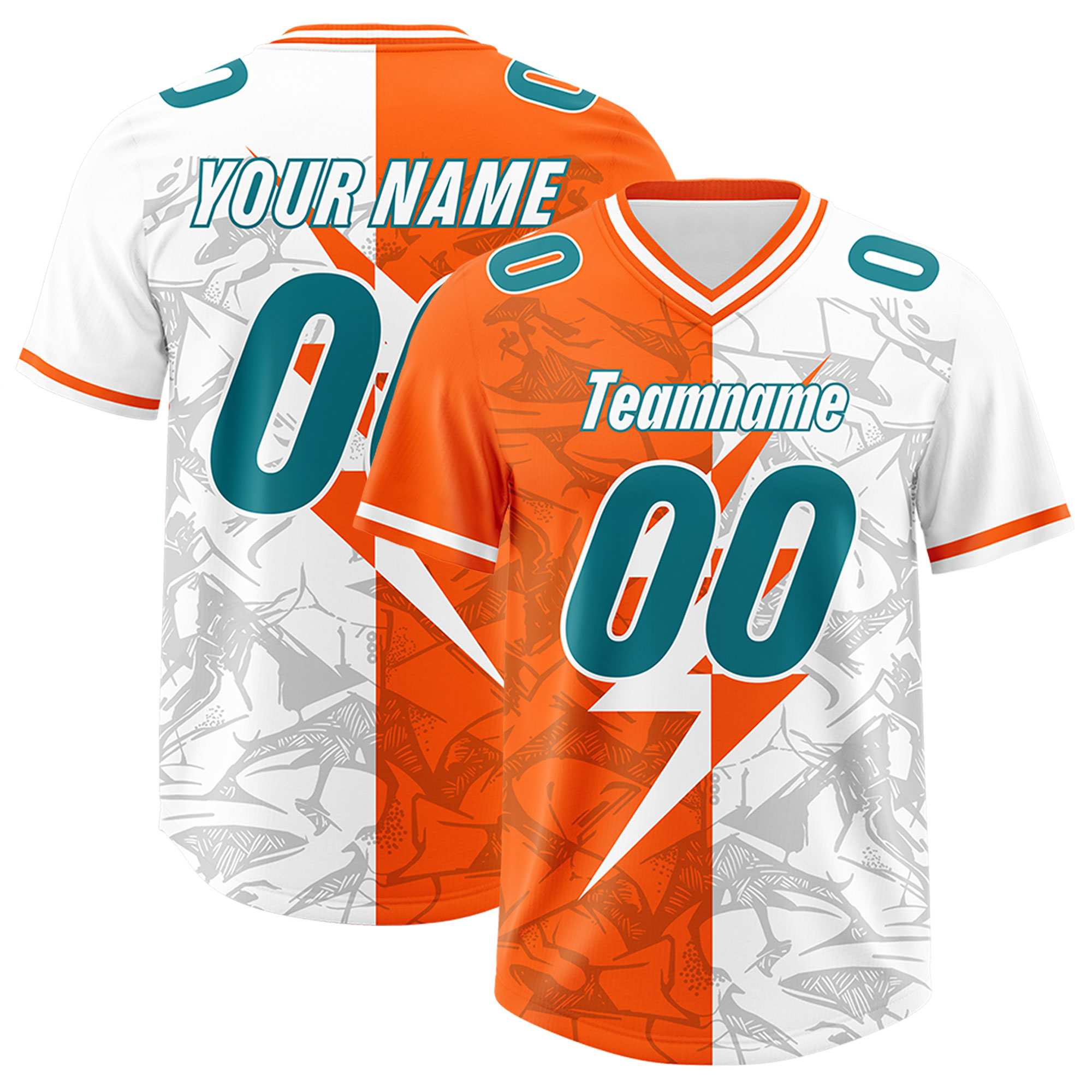 Custom Orange White Split Personalized Lightning Pattern American Football Jersey